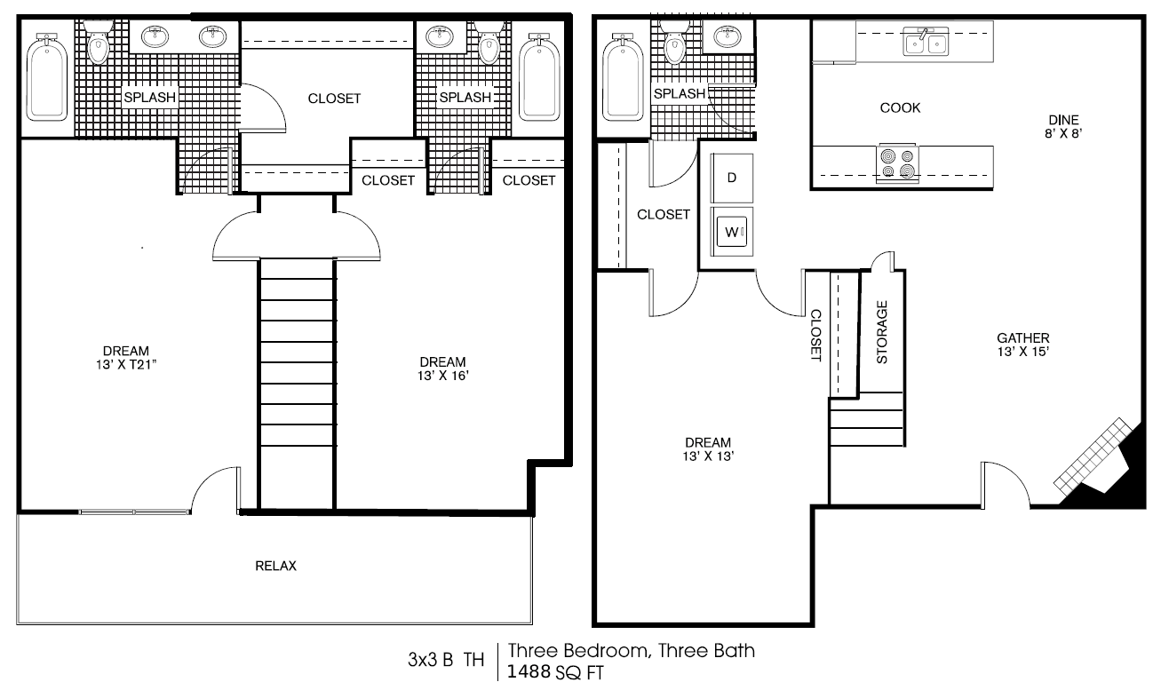 Floor plan for 3 beds, 3 baths, 1488 sqft